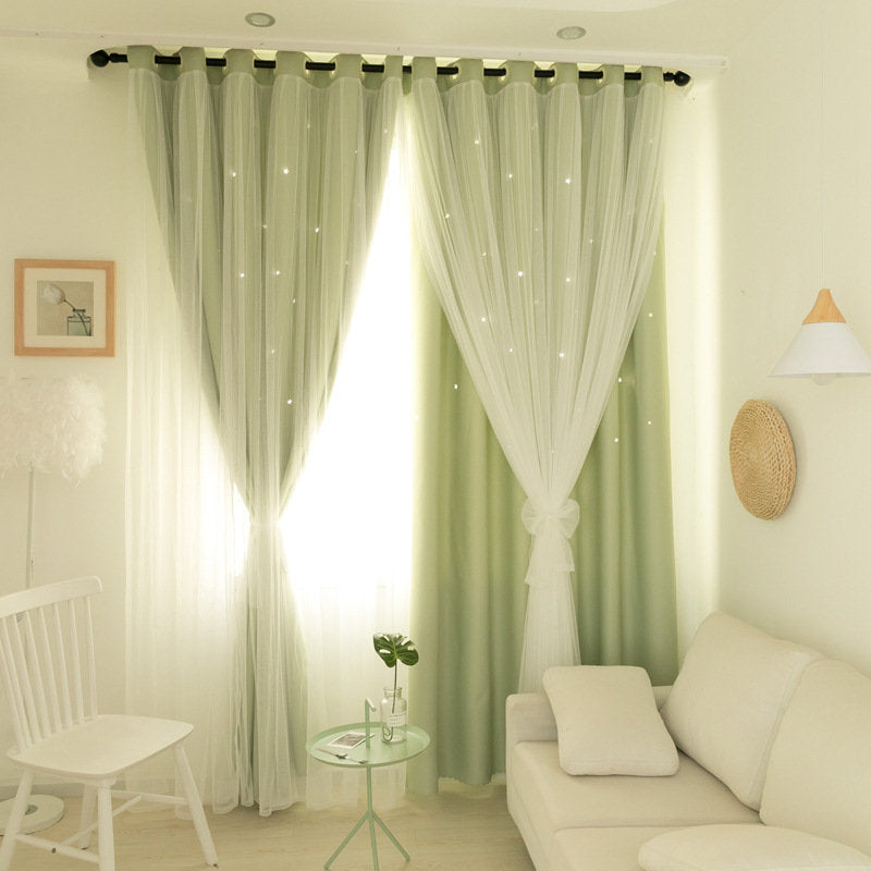 2 Panels Double Layer Stars Blackout Curtains for Bedroom Window-Green
