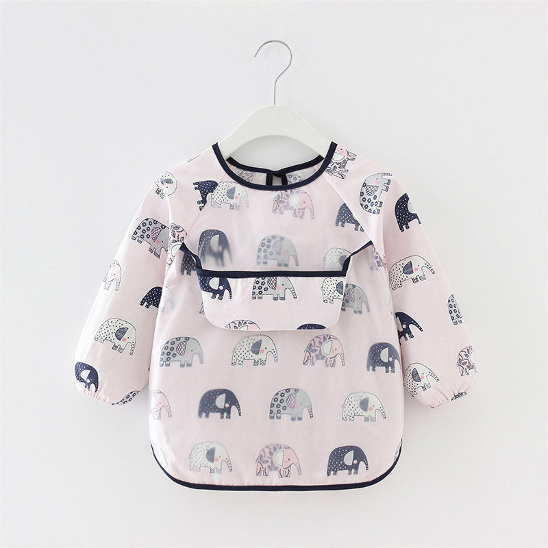 Kids Waterproof Art Smock Cartoon Long Sleeve Aprons with Bib-Elephant