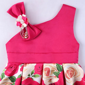 Oblique Shoulder Childrens Dress Rose Print Dress Girls Evening Party Costume-Rose Red