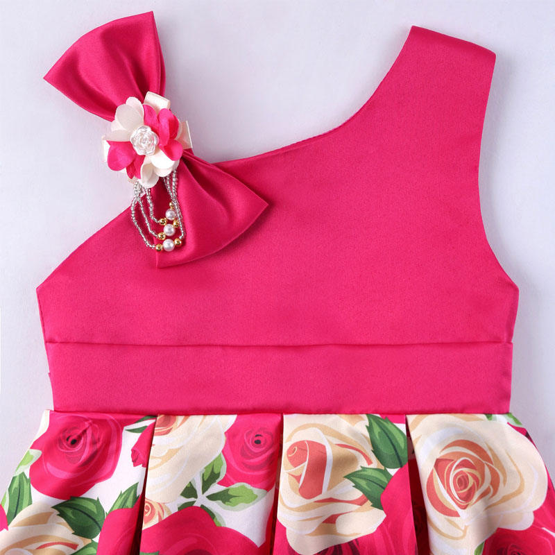 Oblique Shoulder Childrens Dress Rose Print Dress Girls Evening Party Costume-Rose Red