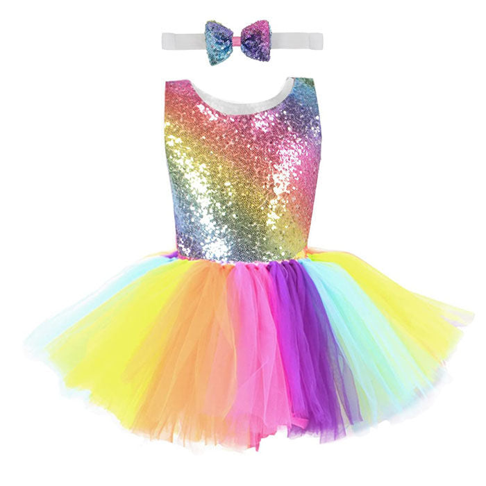 Girl Sequin Dress Handmade Toddler Rainbow Dress for Party Special Occasion with Bow Tie