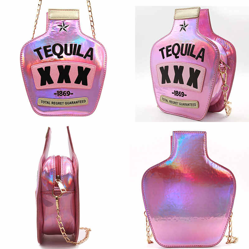 Tequila Bottle Shaped Laser Shoulder Handbags PU Crossbody Purse for Women-Pink
