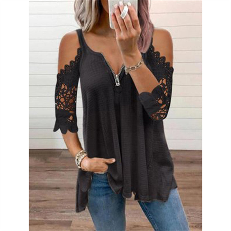 Cold Shoulder Tops For Women Sexy Low Cut V Neck Shirts with Lace 3/4 Sleeve-Black