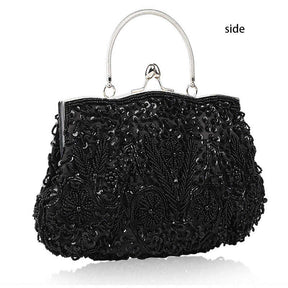 Beaded Sequin Design Flower Evening Purse Large Clutch Bag-Black