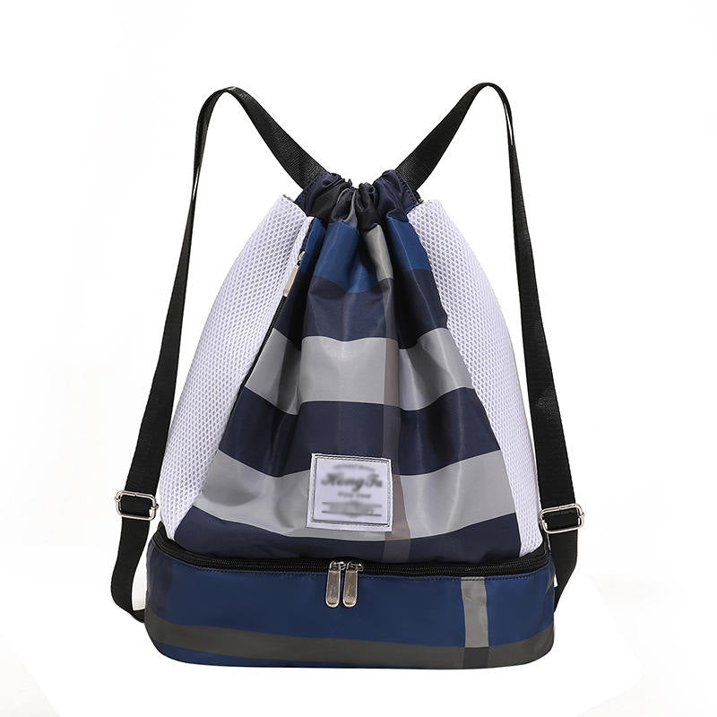 Womens Drawstring Bag Large Wet and Dry Separation Backpack-BlueGrid