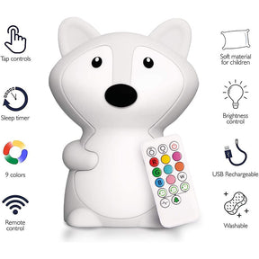 Hug Fox Kids Night Light Silicone LED Lamp Remote Operated USB Rechargeable Battery 9 Available Colors