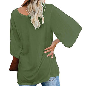 Womens Solid Color Simple V Neck Mid Sleeve T-Shirt-Green