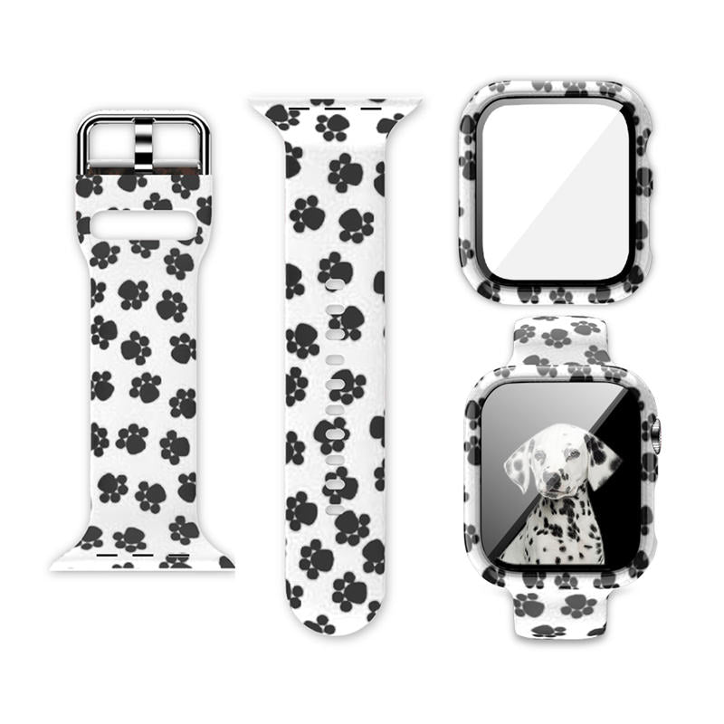 Silicone Printed Watch Band with Screen Protector Case for iWatch Series SE/6/5/4/3/2/1-DogFootprints