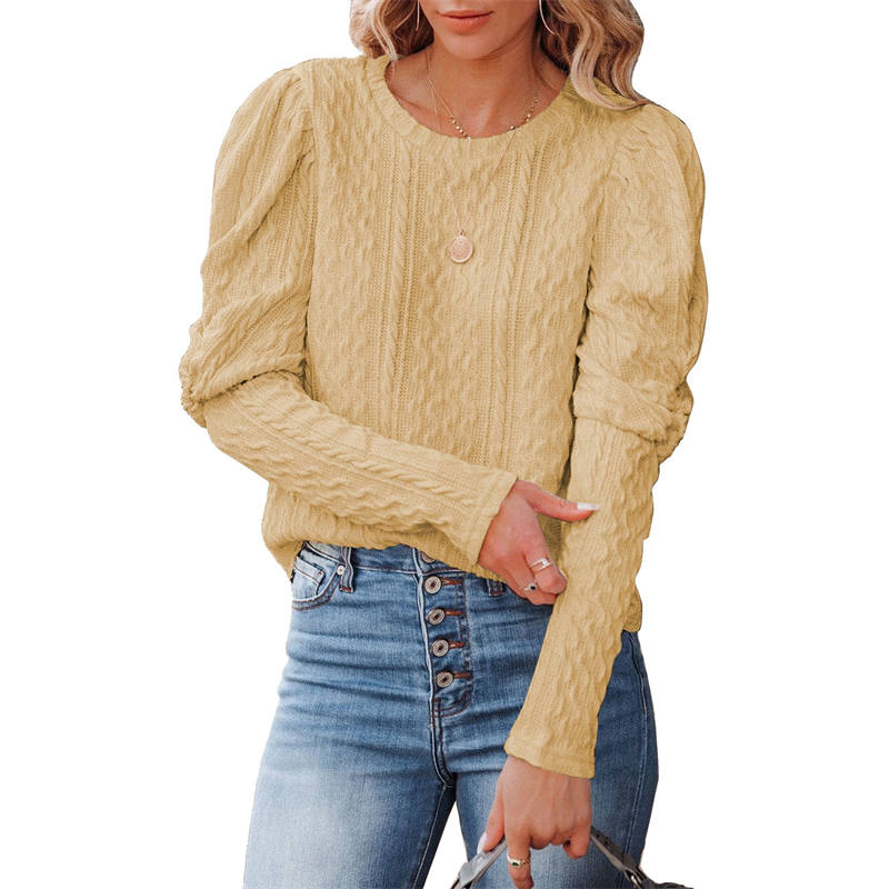 Womens Long Sleeve Sweaters Solid Color Jacquard Weave Round Neck Knit Tops-Yellow