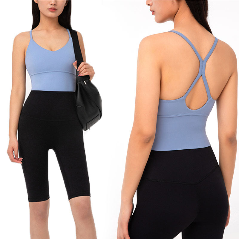 Longline Sports Bras Padded Comfortable Fitness Crop Tank Tops-Tempest Blue