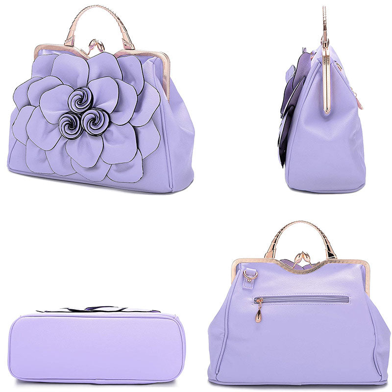 Womens Rose Flower Evening Clutches Formal Party Totes Shoulder Bag-LightPurple