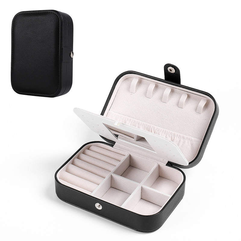 Small Jewelry Box Necklace Ring Double Layer Storage Bag Travel Organizer with Mirror -Black