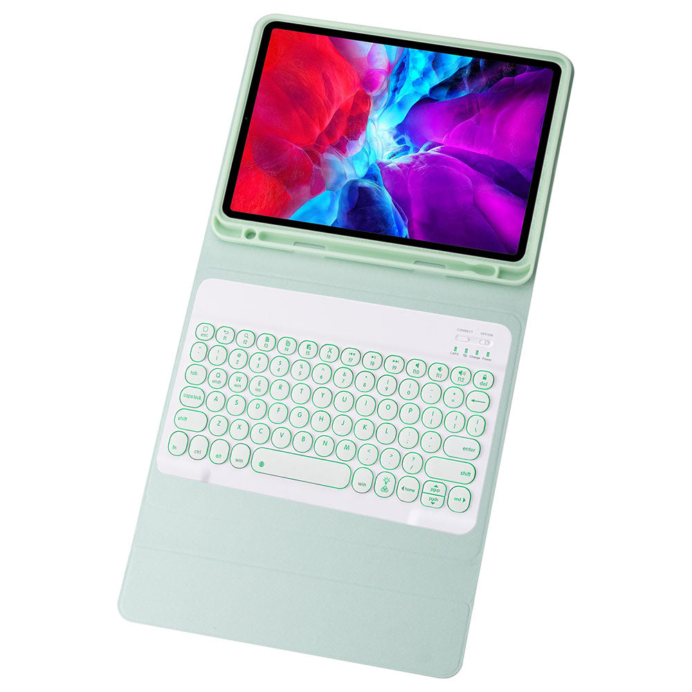 Keyboard Case For iPad Cute Round Key 7 Color Backlit Detachable Keyboard with Pen Slot at the Bottom-Green