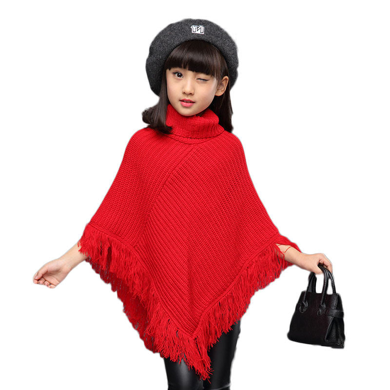 Girls Fall Loose Knitted Pullover Sweaters Poncho Tassel Turtleneck Cloak Cape-Red