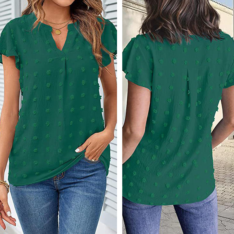 Womens Ruffle Shirts V Neck Short Sleeve Pom Chiffon Blouses Tops-Dark Green