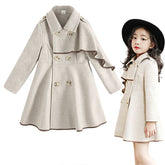 Girls Woolen Long Coat Jacket Autumn Winter Warm Trench England Style-Khaki