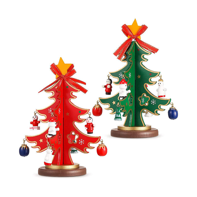 2 Pcs Wooden Christmas Tree 3D Table Decor with Mini Ornaments