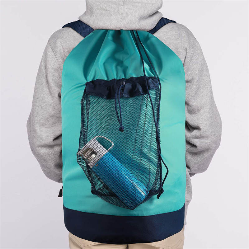 Backpack Laundry Bag With Shoulder Straps And Mesh Pocket Durable Nylon Clothes Bag for College Travel Laundromat -Sky Blue