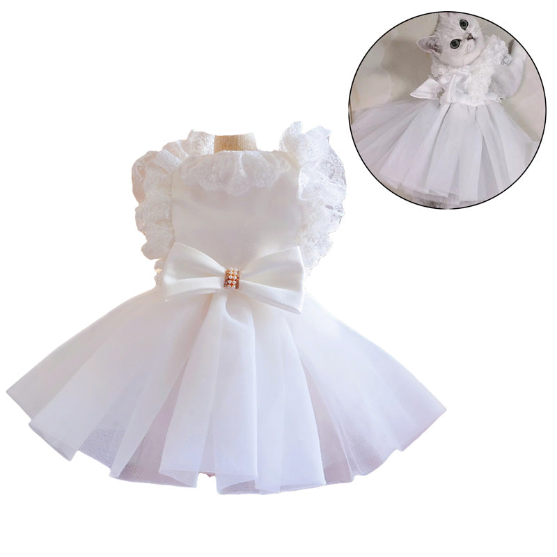 Dog Cat Wedding Dress White Lace Puppy Bowknot Princess Skirt