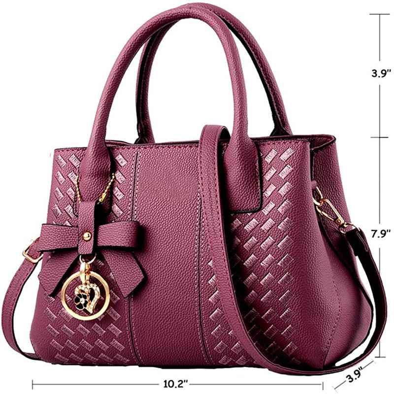 Fashion Womens PU Leather Embroidered Handbags Shoulder Tote Bags-Purple