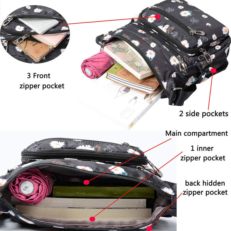 Women Nylon Floral Crossbody Bag Multi Pocket Shoulder Bag-Sun Flower
