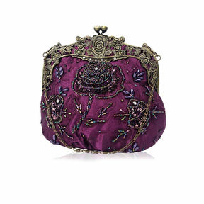 Womens Beaded Party Clutch Vintage Rose Purse-Purple