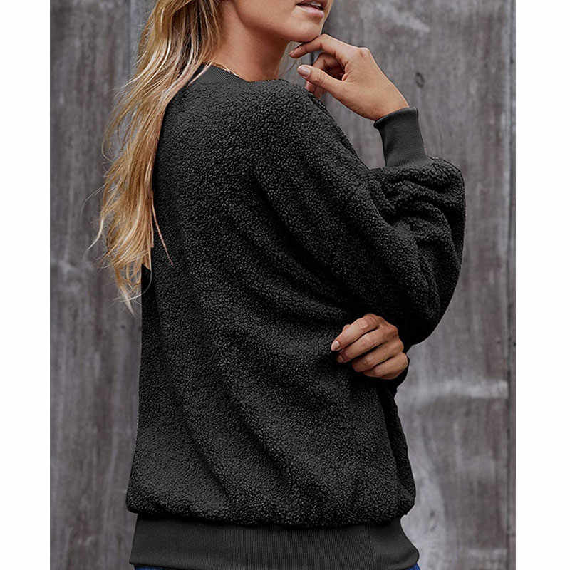 Womens Plush Sweater Casual Round Neck Sweatshirt Pullover-Black