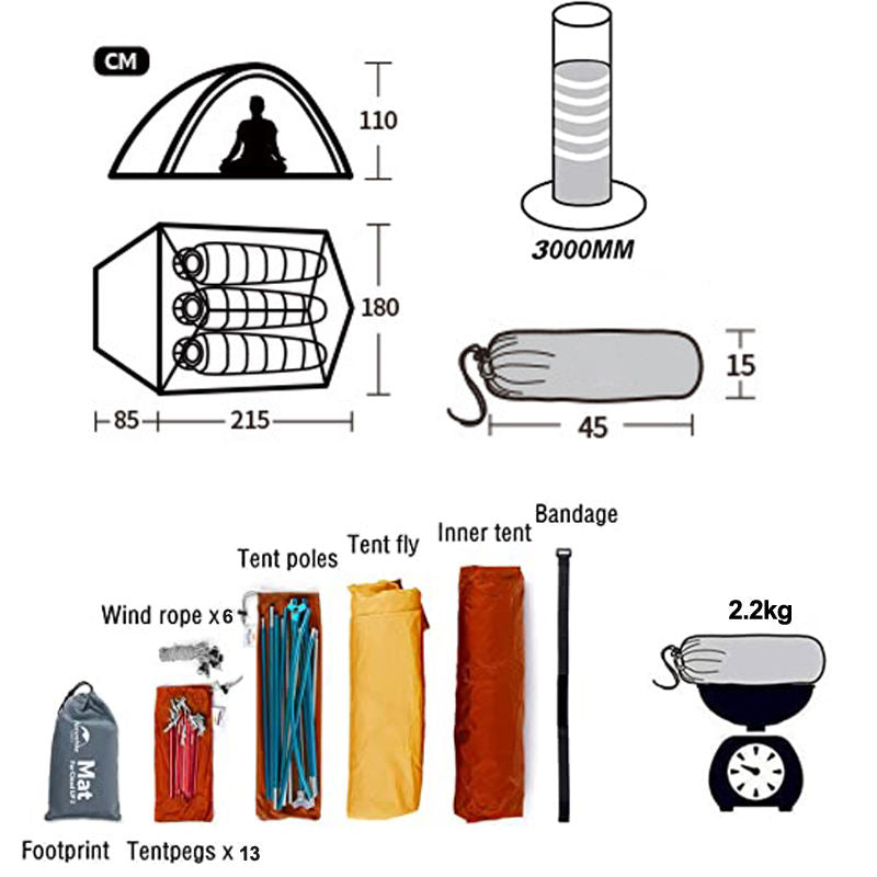 3 Person Camping Tent Lightweight Backpacking Waterproof Tent Easy Setup-Orange