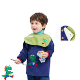 Cartoon Kids Corduroy Smock Detachable Bib for Drawing Cooking-Navy Blue Dinosaur