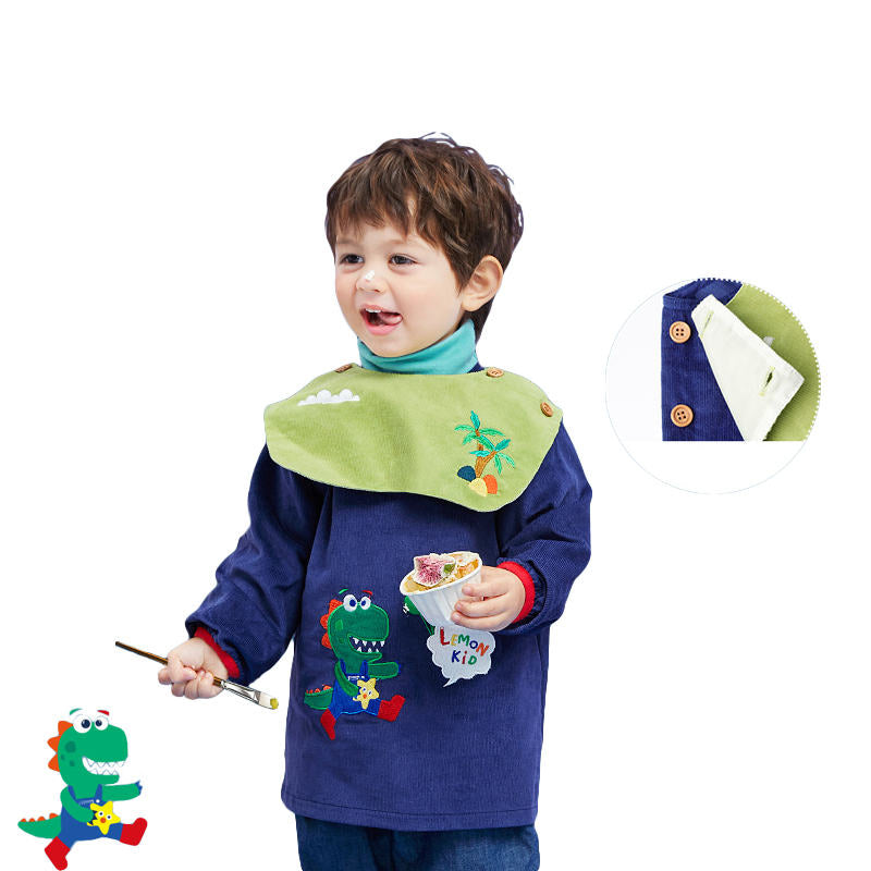 Cartoon Kids Corduroy Smock Detachable Bib for Drawing Cooking-Navy Blue Dinosaur