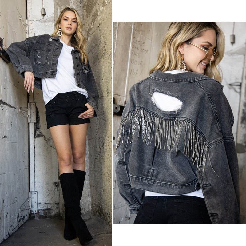 Womens Denim Jacket with Fringe Rhinestones Crop Casual Coat-Black