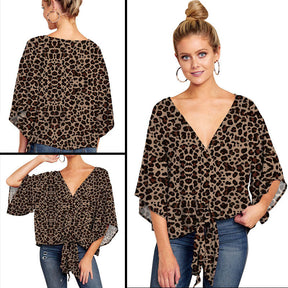 Boho Womens Blouse V Neck Tie Knot 3/4 Sleeve Summer Casual Tops-Leopard1