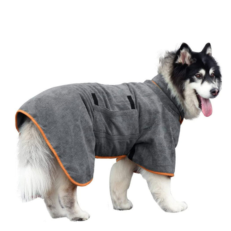 Dog Bathrobe Microfibre Fast Drying Towel Adjustable Collar Waist-Grey