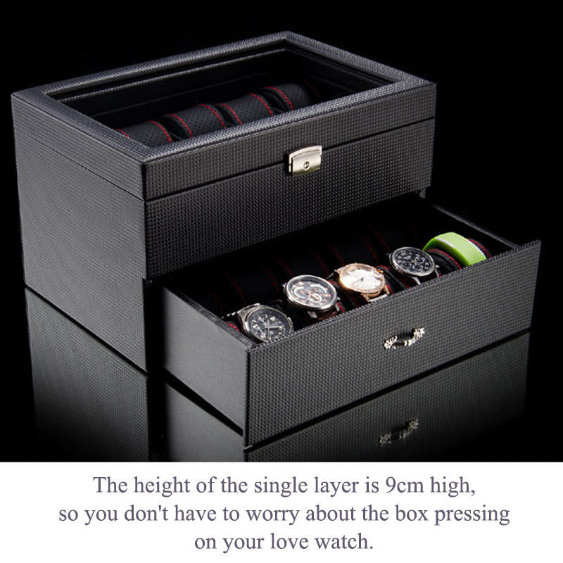 Watch Organizer Box with Drawer Display Case For Men Carbon Fiber Faux Leather Design