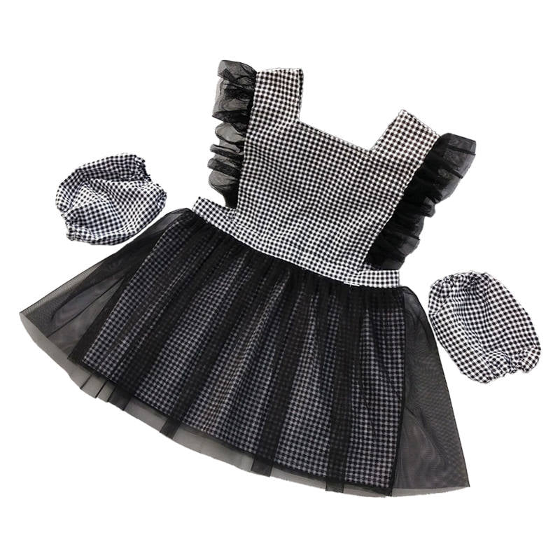 Girls Princess Dress Apron with Sleeves Covers for Cooking Painting-Black Plaid