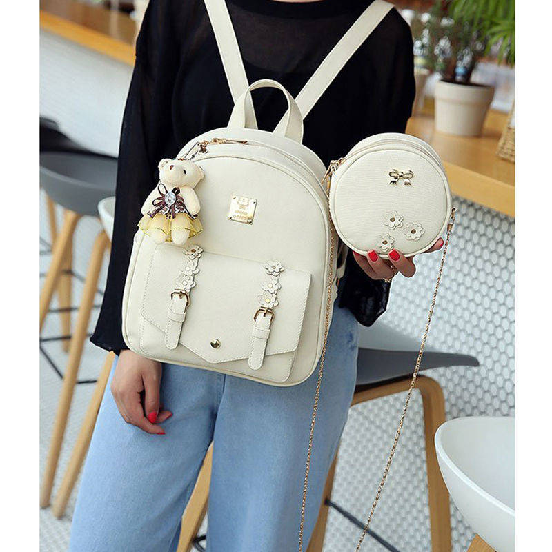 Mini Leather Backpack Purse 3-Pieces Fashion Flower Zipper Daypacks for Girls and Women-White