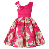 Oblique Shoulder Childrens Dress Rose Print Dress Girls Evening Party Costume-Rose Red