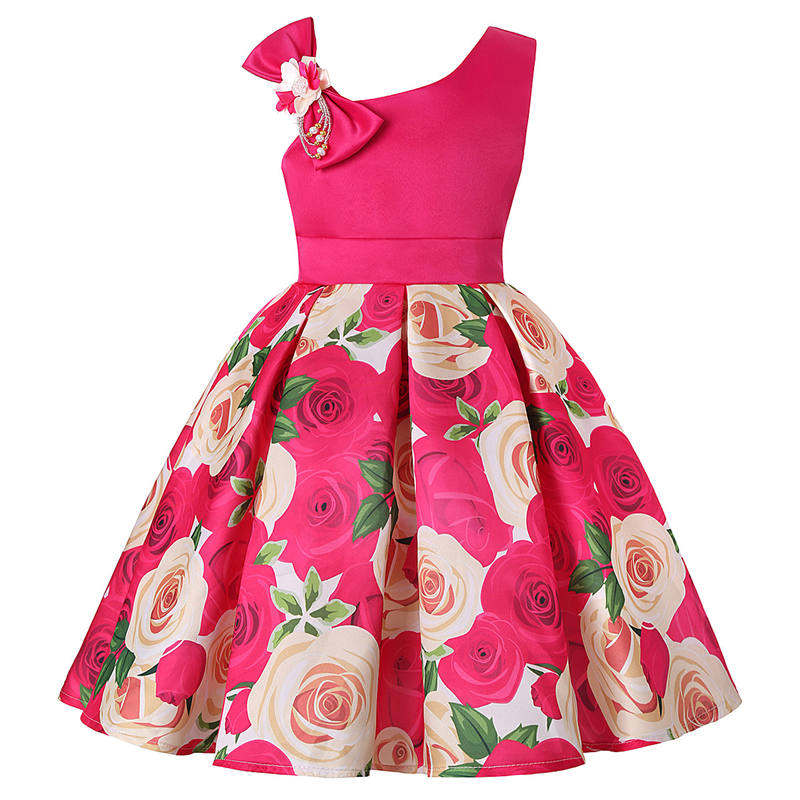 Oblique Shoulder Childrens Dress Rose Print Dress Girls Evening Party Costume-Rose Red