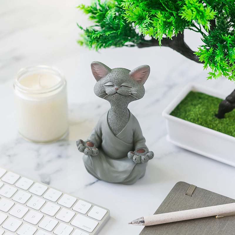 Buddha Cat Statue Yoga Collectible Home Decoration-Grey