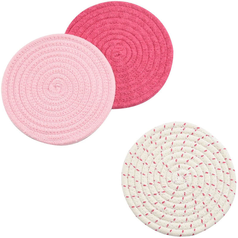 3 Pcs Potholders Colorful Cotton Thread Weave Stylish Coasters Heat Insulation Table Mat by Diameter 18CM-Pink