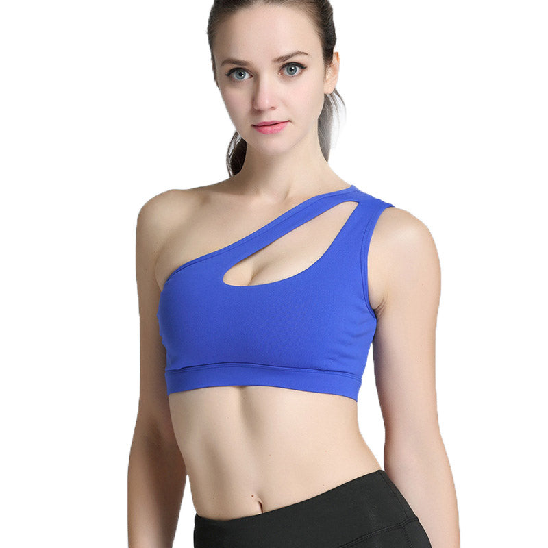 One Shoulder Sports Bra Removable Padded Sexy Cute Workout Top-Blue