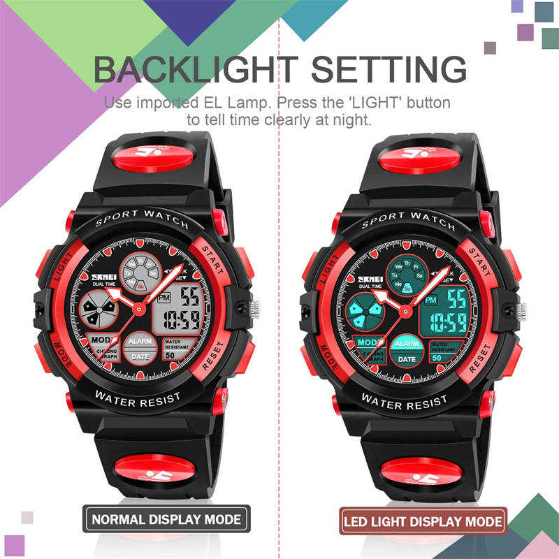 LED Multi Function Sports Waterproof Watch for Kids-Red