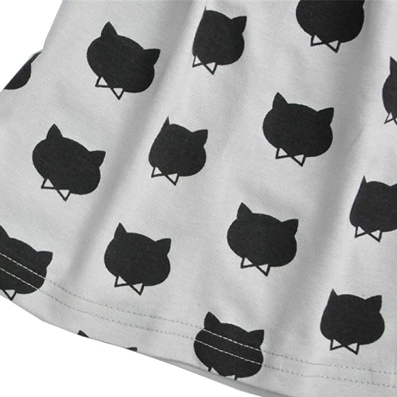 Girls Holiday Dress Graffiti Cat Printed Long Sleeve Toddler Dresses-Gray