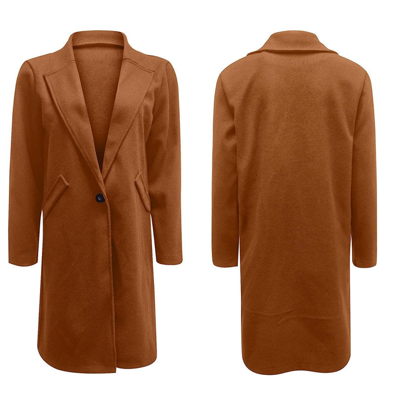 Elegant Womens Coat Lapel Solid Button Down Warm Long Outwear-Brown