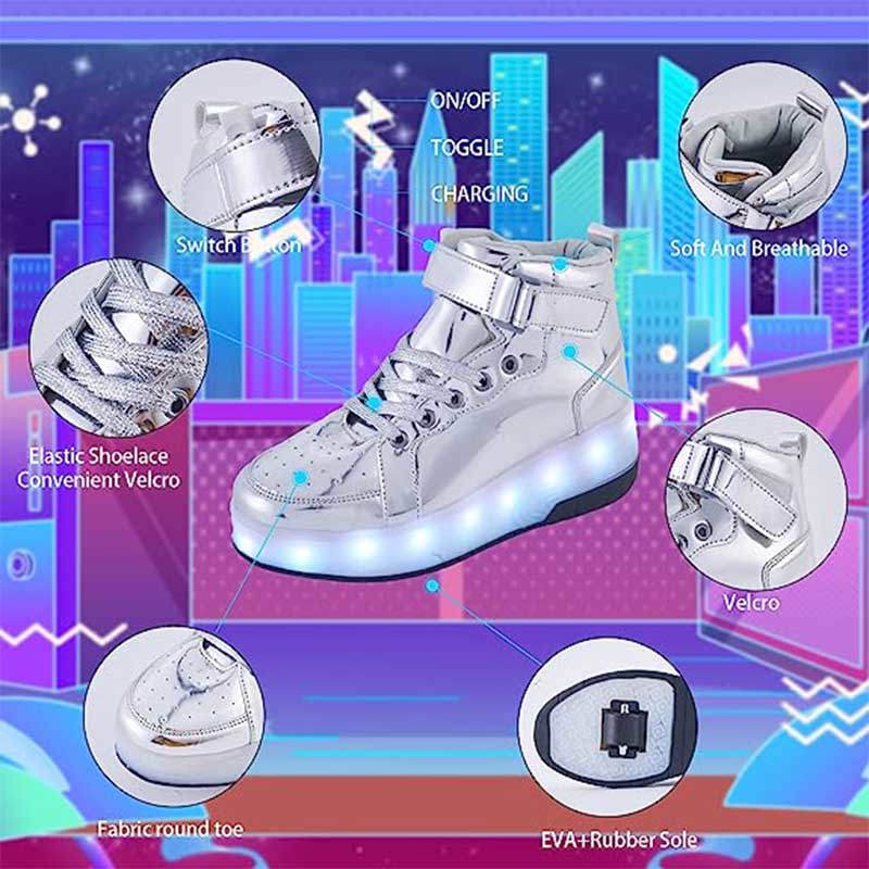 Kids Light Up Roller Skate Shoes High Top Sneakers Double Wheels-Silver