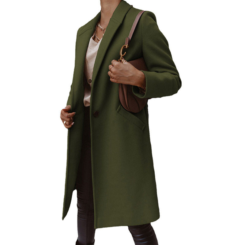 Elegant Womens Coat Lapel Solid Button Down Warm Long Outwear-ArmyGreen