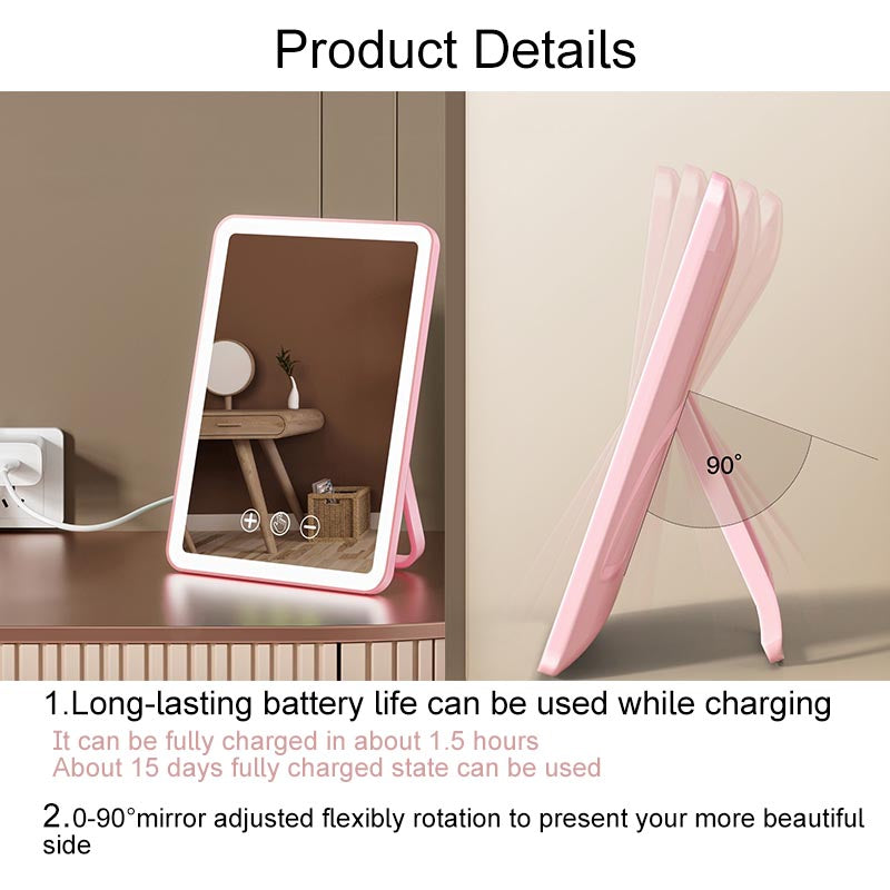 LED HD Makeup Mirror Rechargeable 3 Color Lighting Dimmable-Pink