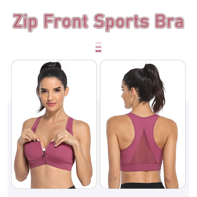 Sports Bra Front Zipper Wide Shoulder Straps Shockproof Yoga Vest -Red