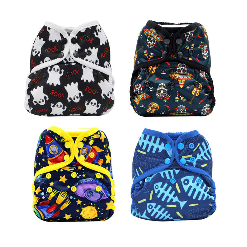 4Pcs Washable Reusable Baby Cloth Diapers Covers with Double Gusset For Baby 3Kg-15Kg-Set4