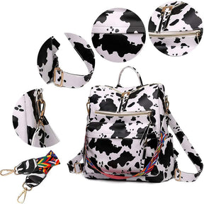 Fashion Backpack Multipurpose Print Leather Travel Shoulder Bag-White Cow Pattern